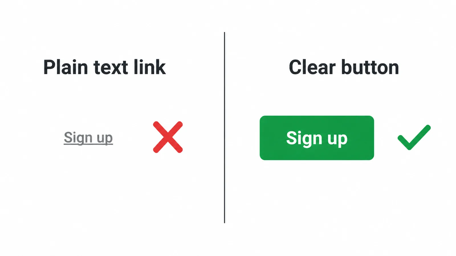 A plain text link compared with a clear, clickable button.