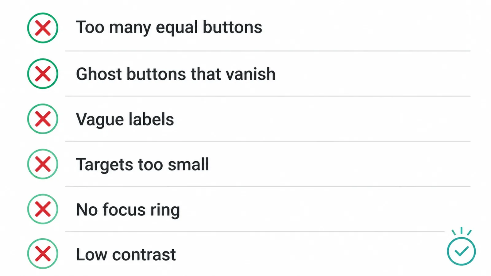 Checklist of six common button design mistakes to avoid.