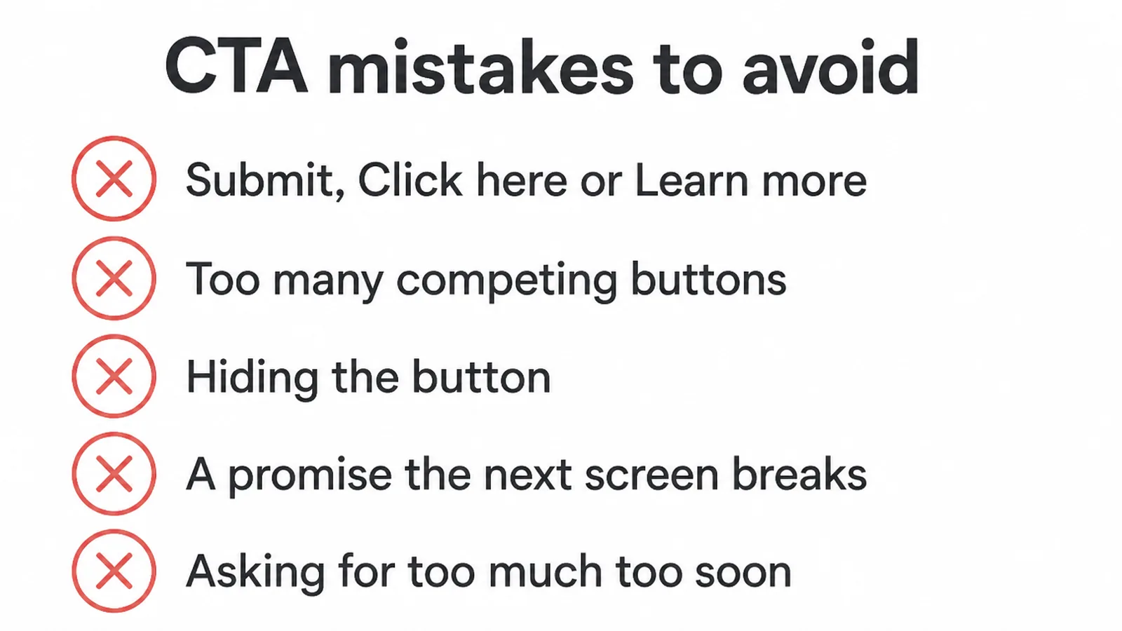 Checklist of five call to action mistakes, each marked with a red cross.