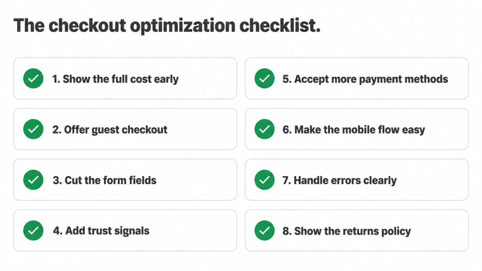 Checklist of the eight checkout fixes covered in this guide