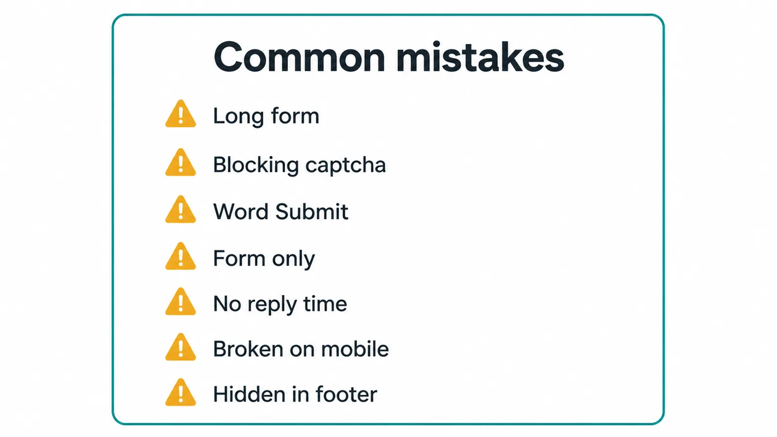 List of seven common contact page mistakes to avoid.