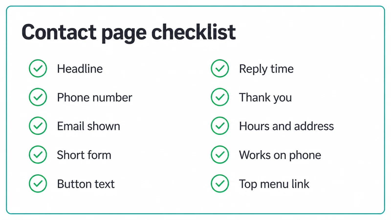 Checklist mockup of ten contact page items to review.