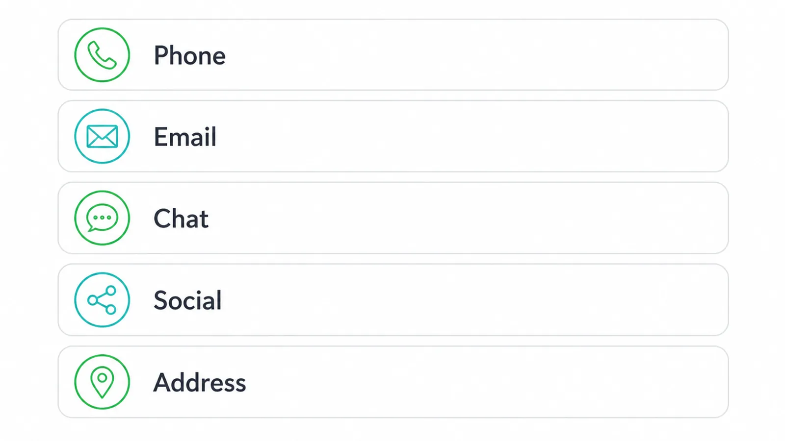 Contact page panel listing phone, email, chat, social, and address.