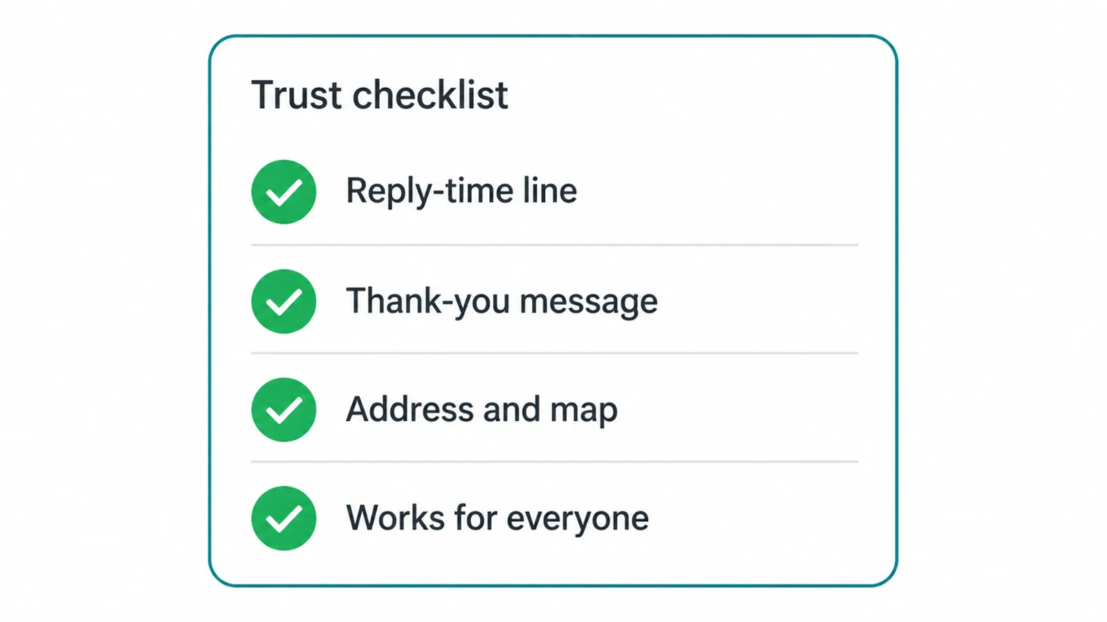 Checklist of trust cues: reply time, thank you, address, and access.