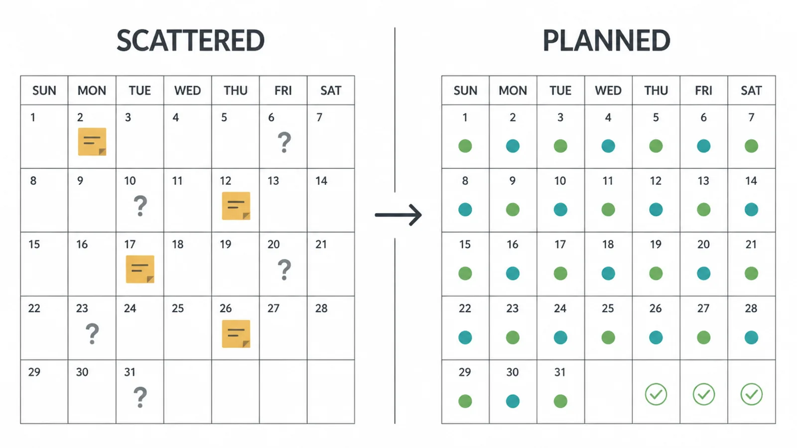 A calendar grid with scattered random posts next to a matching calendar grid fully planned with dated slots.