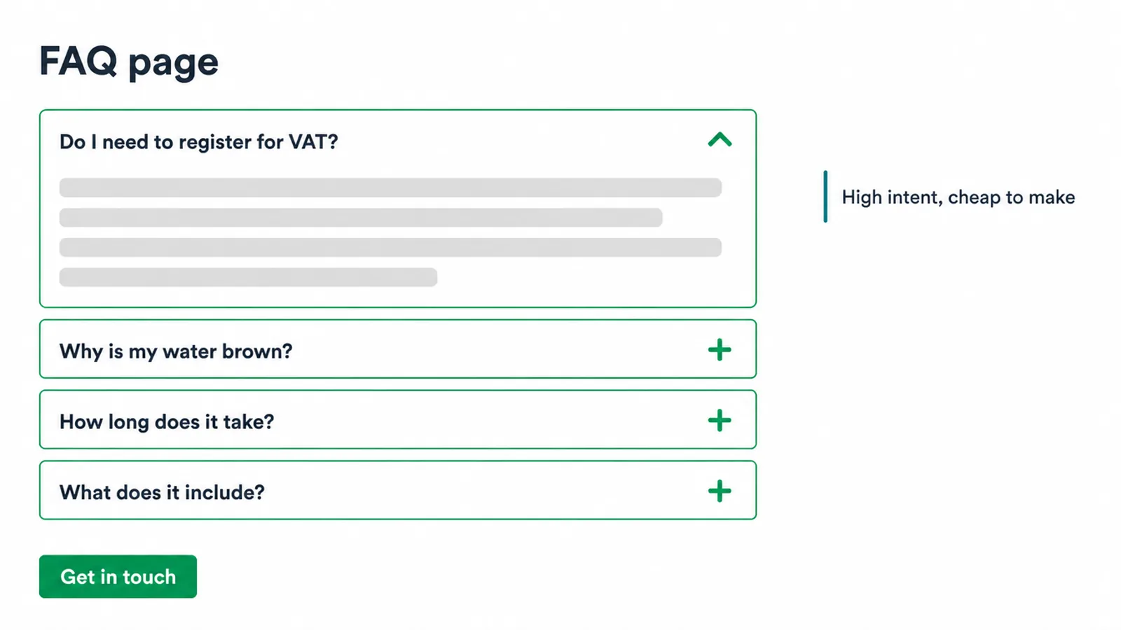 Wireframe of an FAQ page with four question rows and a get in touch button.