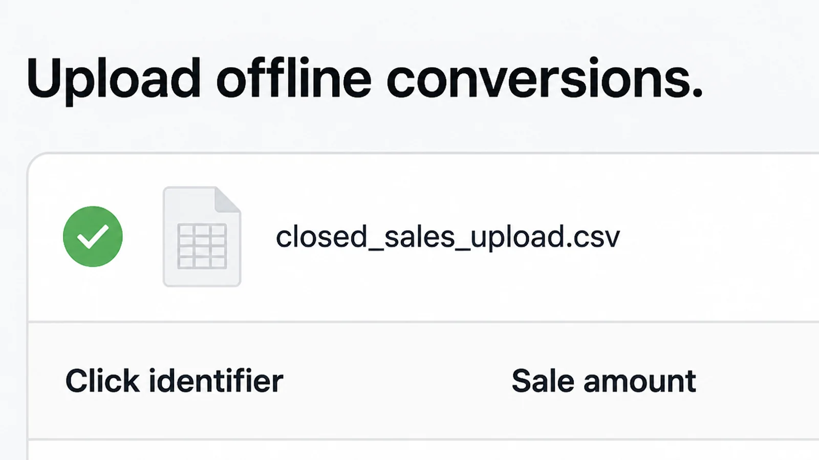 An upload screen headed Upload offline conversions with a ticked file row and columns labelled Click identifier and Sale amount