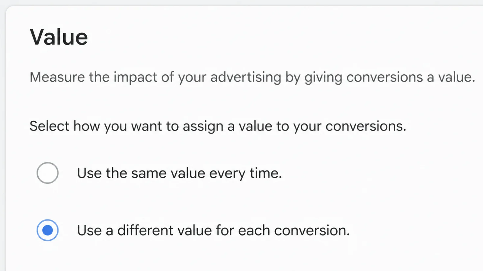 A conversion value chooser with two radio options, the second one selected, offering a different value for each conversion