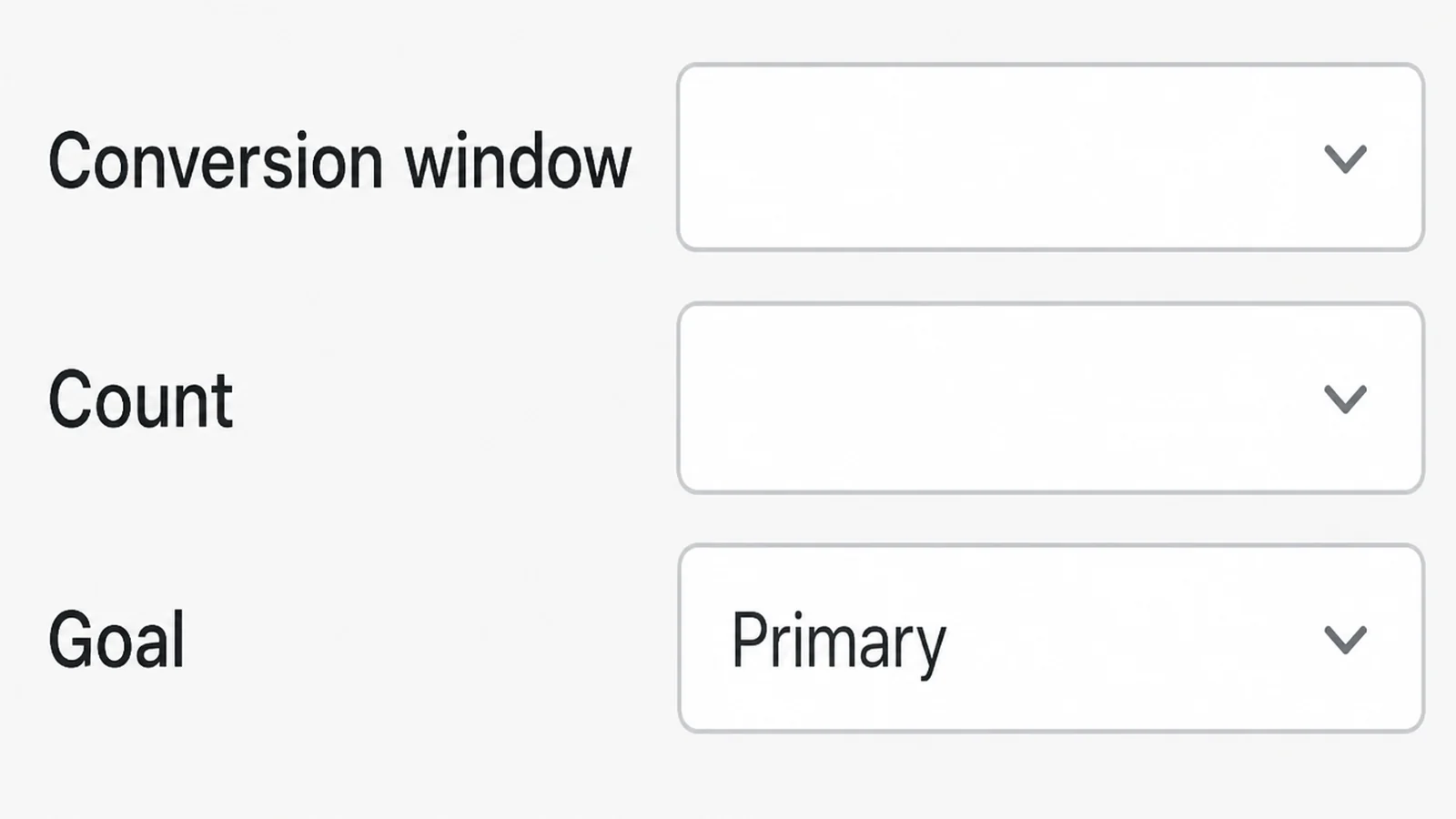 A conversion settings form with rows reading Conversion window, Count and Goal, the Goal dropdown showing Primary