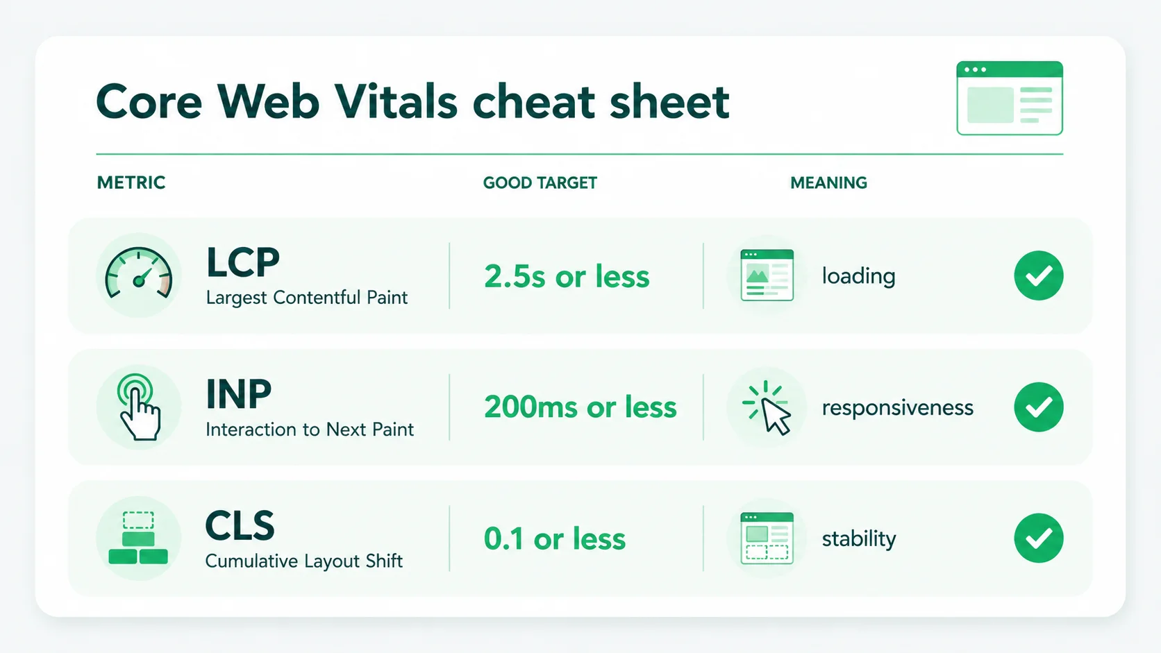 A Core Web Vitals cheat sheet summarising LCP at 2.5 seconds