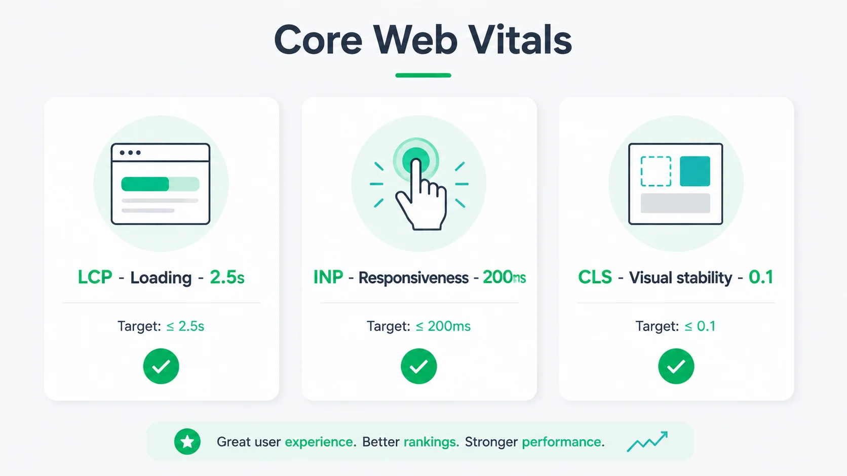 Infographic explaining the three Core Web Vitals: LCP for loading at 2.5 seconds