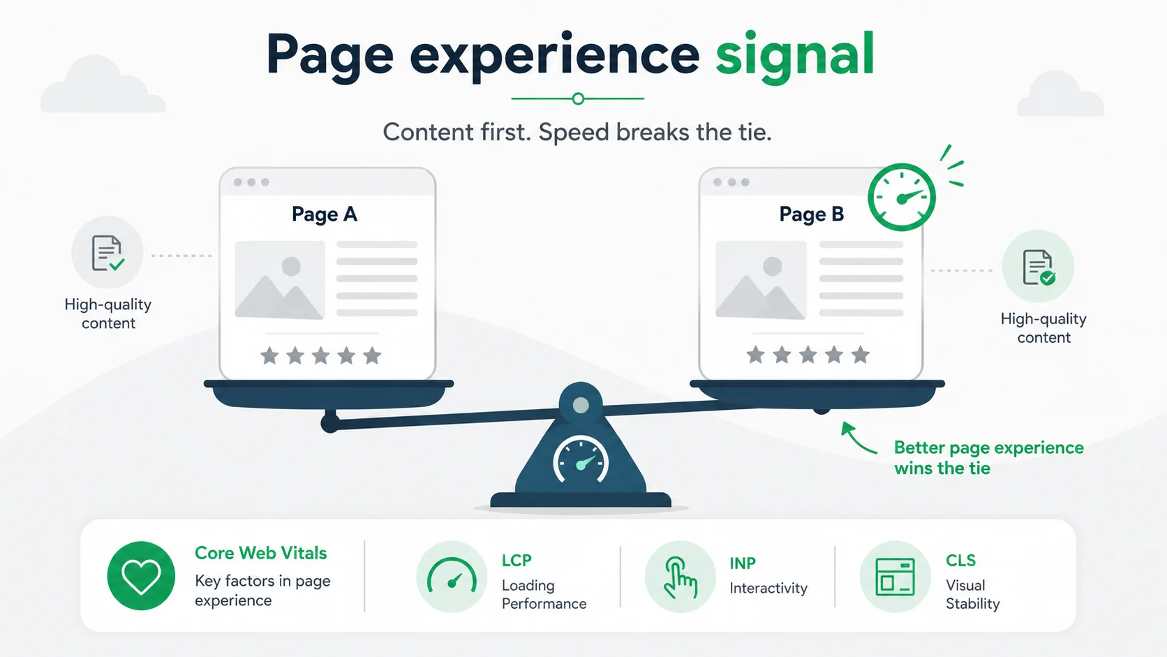 Infographic showing Core Web Vitals as a gentle ranking tie-breaker between two similar pages within Google's page