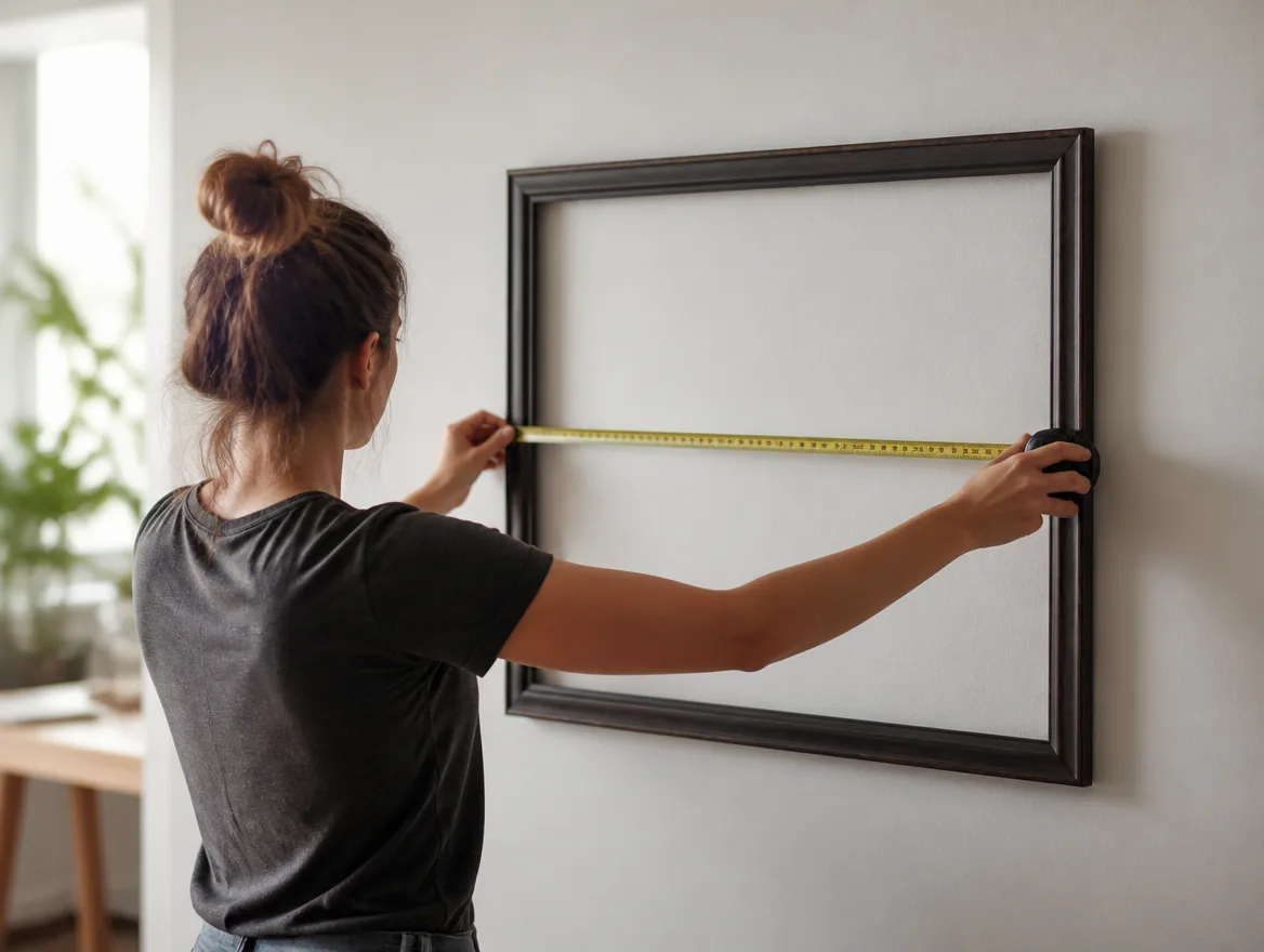 An empty picture frame on a wall being measured with a tape measure before it is hung.