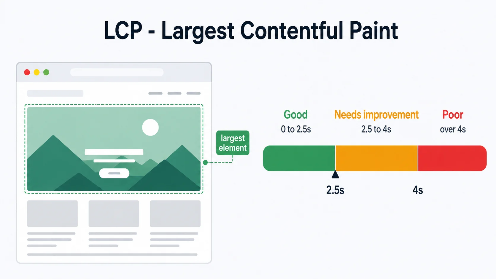 Diagram of Largest Contentful Paint (LCP) showing the largest page element and the good threshold at 2.5 seconds on a