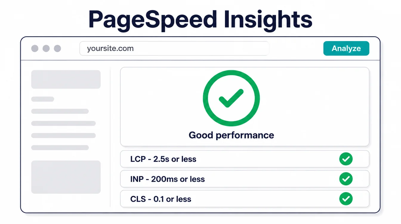 Flat mockup of a PageSpeed Insights style report with a good performance check mark and the LCP