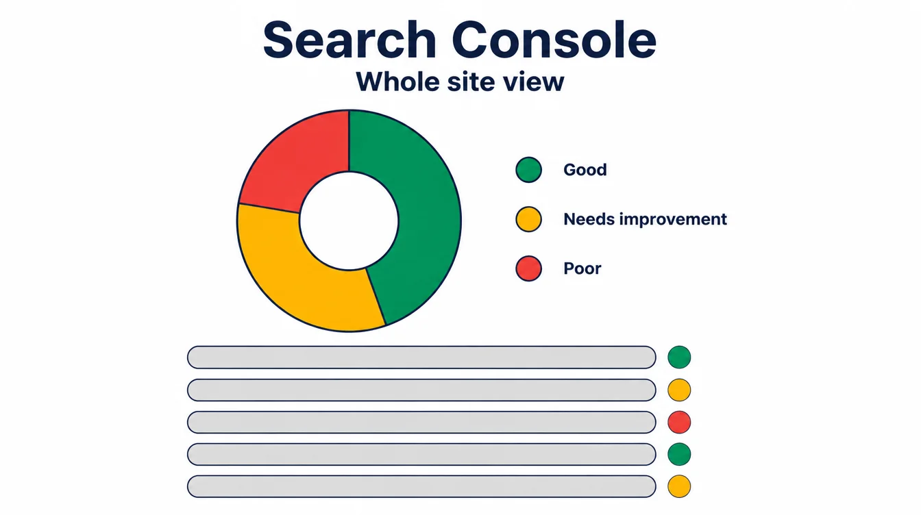 Flat donut chart showing a Search Console style breakdown of site pages into good, needs improvement and poor groups.