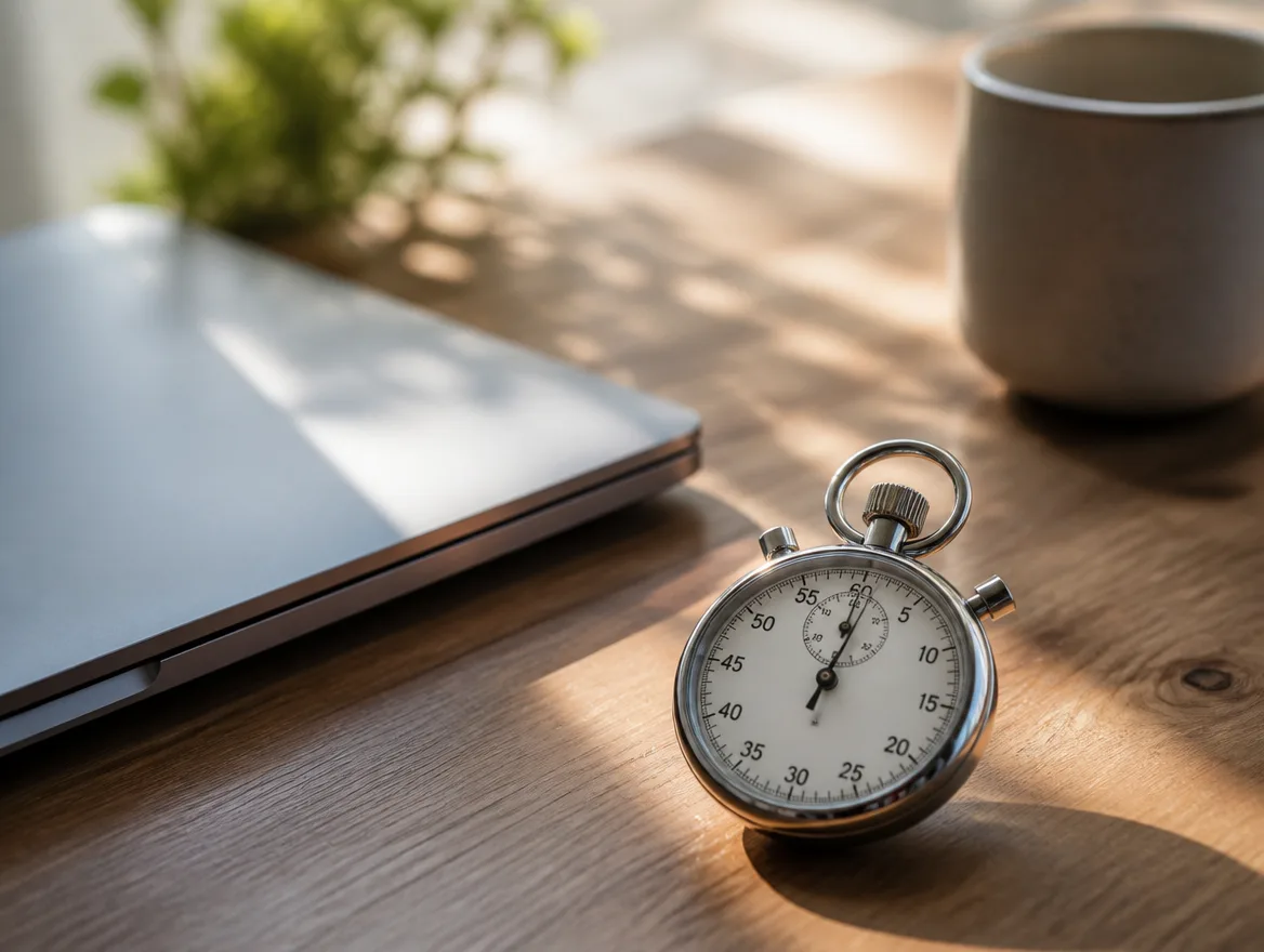 A stopwatch resting on a wooden desk next to a closed laptop in morning light.