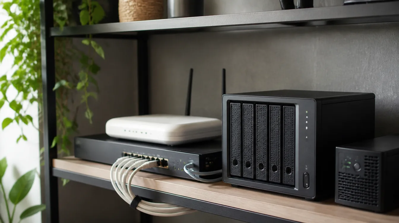 A neat, well-organised home server and router setup with tidy cabling on a shelf.