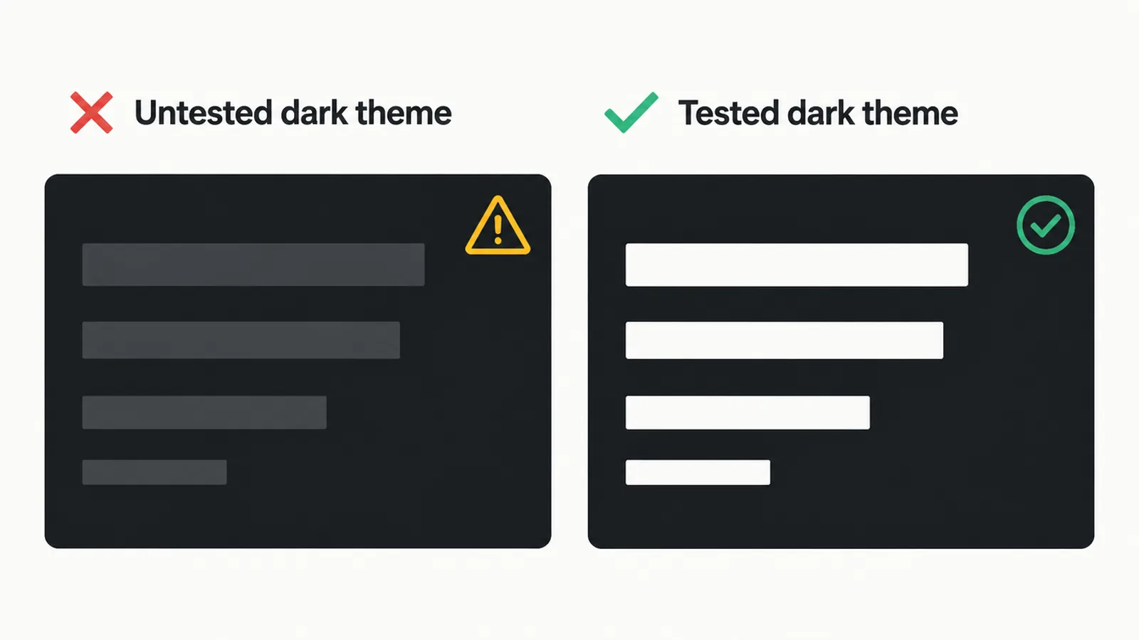 Comparison of an untested low contrast dark theme and a tested one.