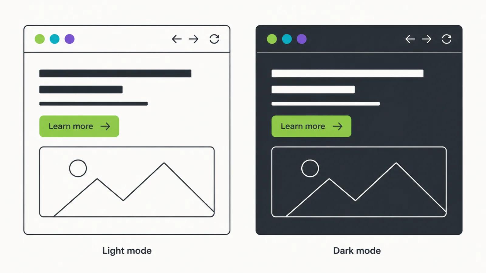 Side by side mockup of the same website shown in light and dark mode.