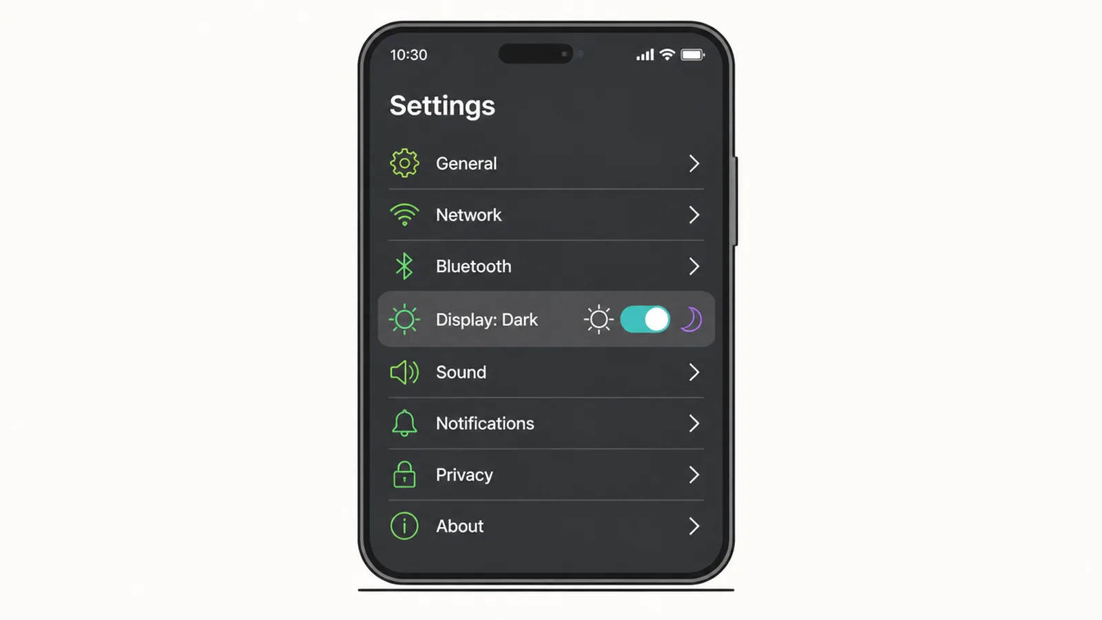 A person switching their phone to dark mode in the system display settings.