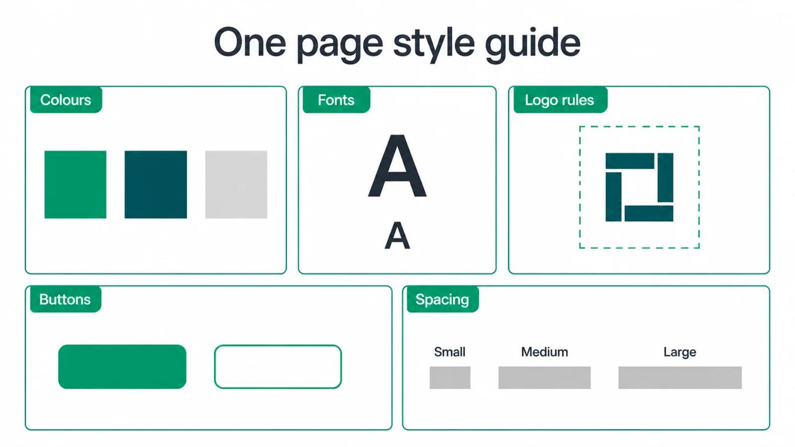 One page style guide layout with colours, fonts, logo rules, buttons and spacing blocks.