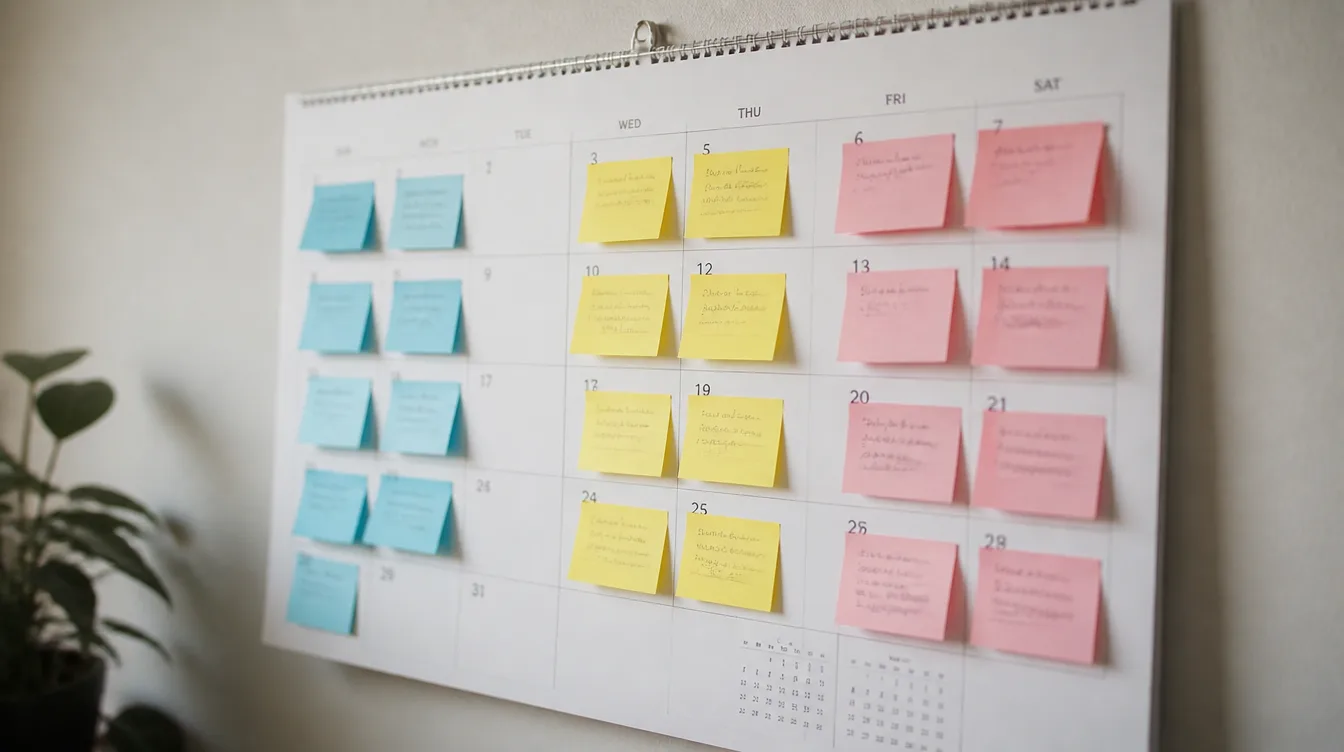 A wall calendar covered in sticky notes grouped into three coloured phases, photographed in soft light.