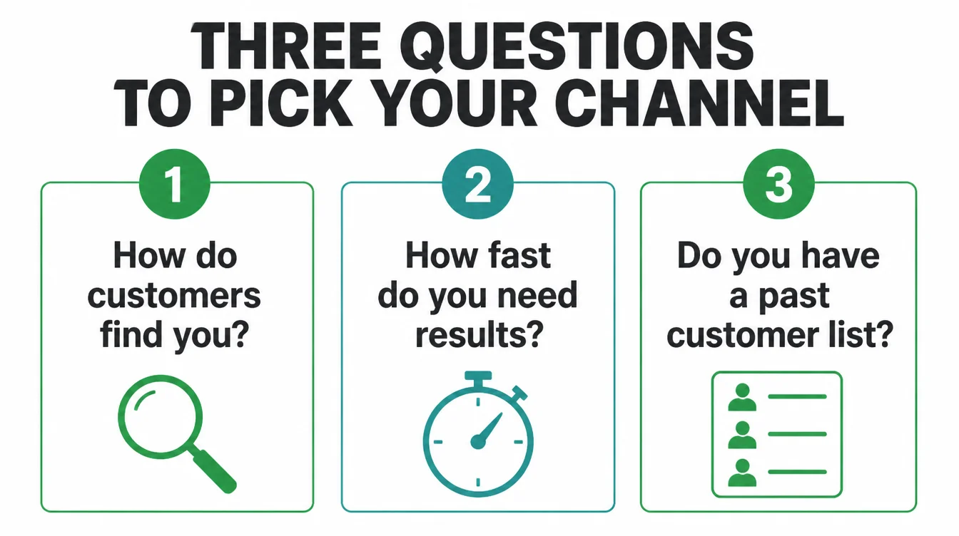Infographic of three questions to pick your first channel: how customers find you, how fast you need results