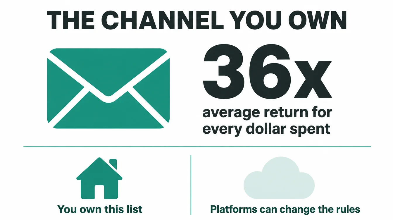 Infographic showing email returns 36 times what you spend and you own the list, unlike a platform.