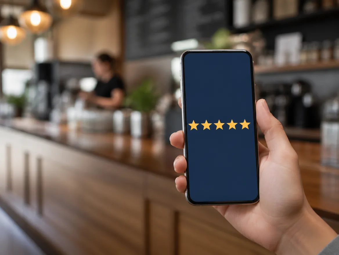 A hand holding a phone that shows a five-star rating, with a cafe counter blurred in the background.