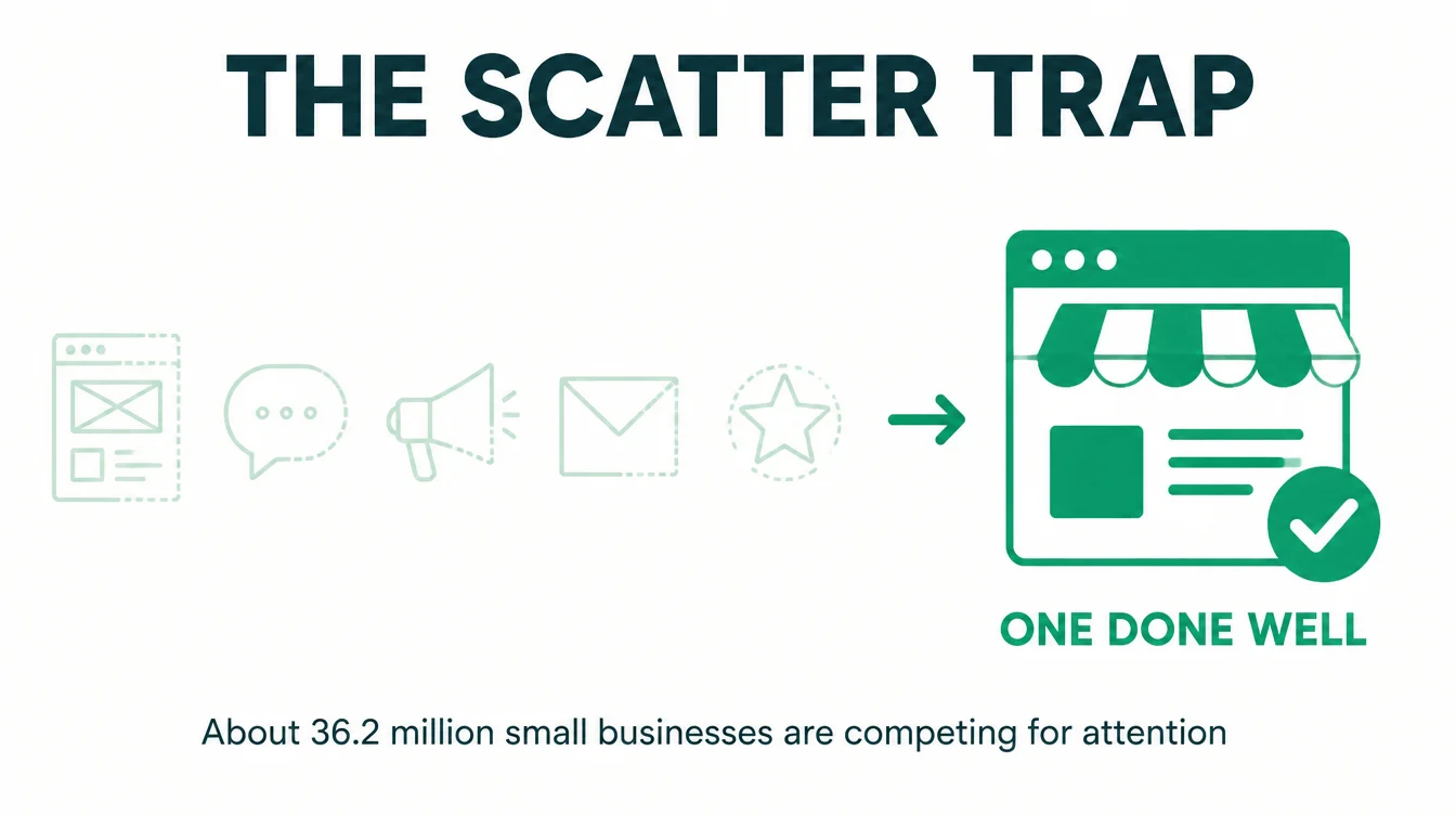 Five half finished marketing channels scattered thin next to one channel done well and finished.