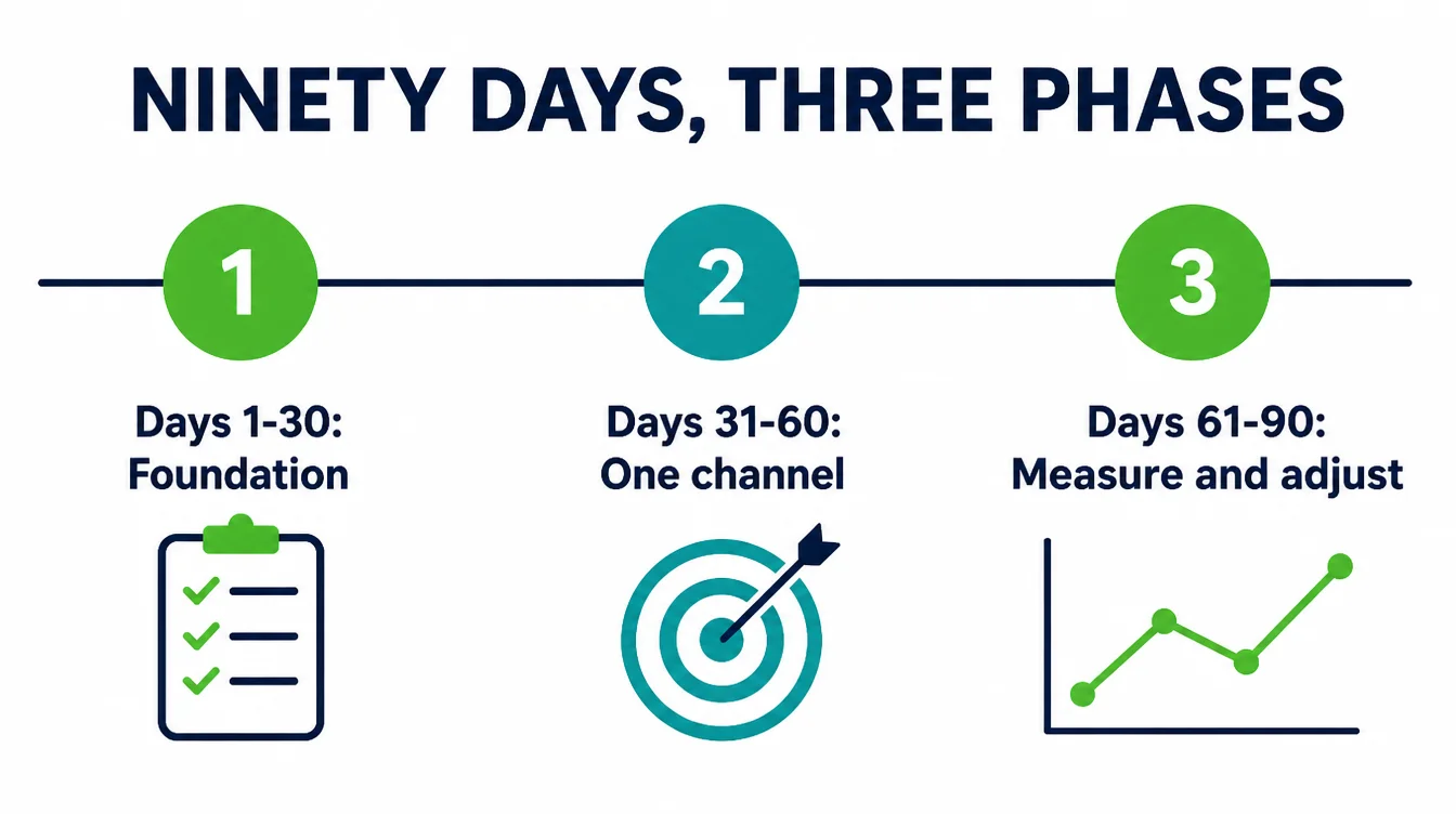 Timeline infographic showing the three 90 day phases: days 1 to 30 foundation, days 31 to 60 one channel