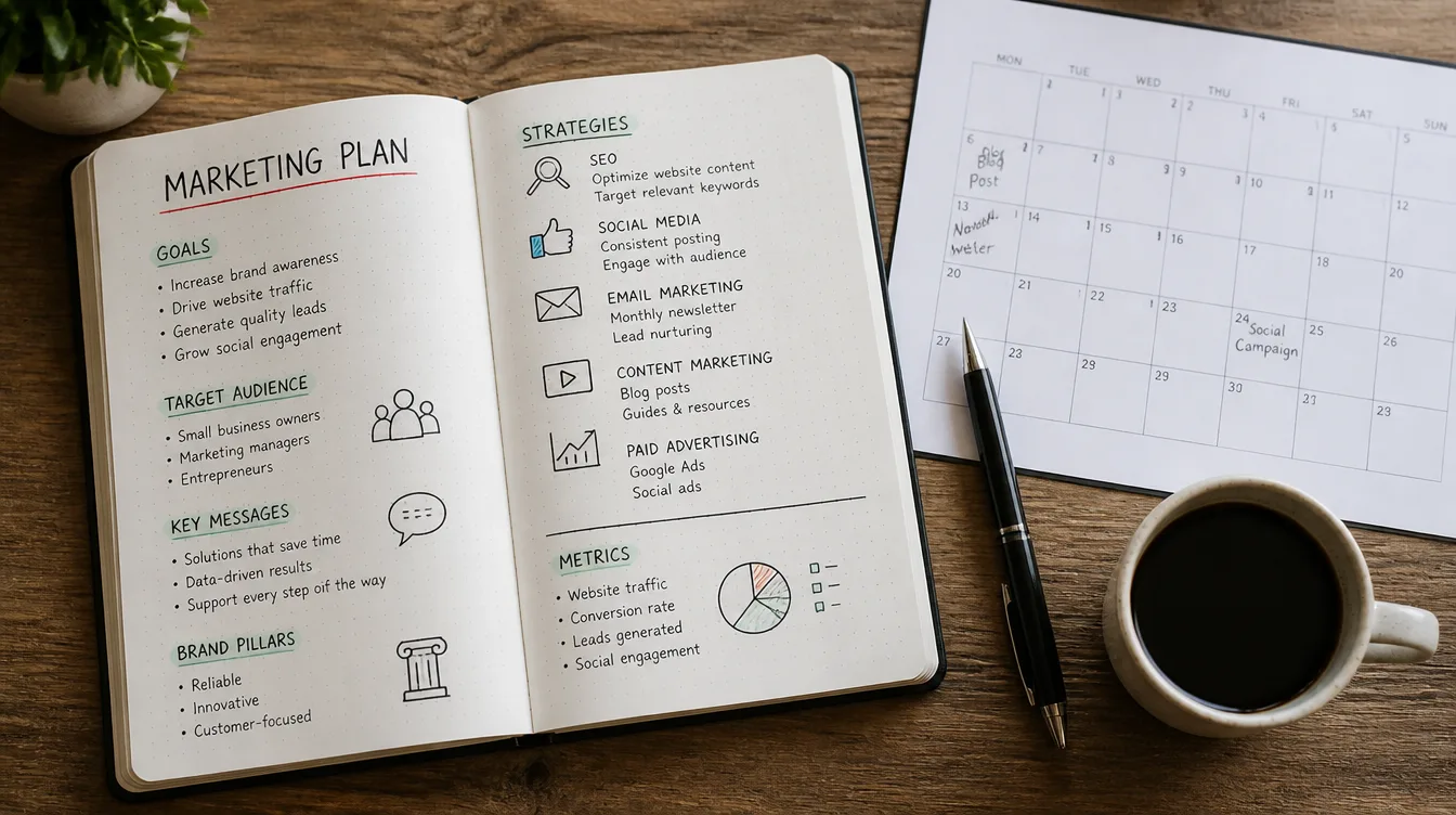A flat-lay of an open notebook with a hand-drawn marketing plan and a calendar beside a pen and coffee.
