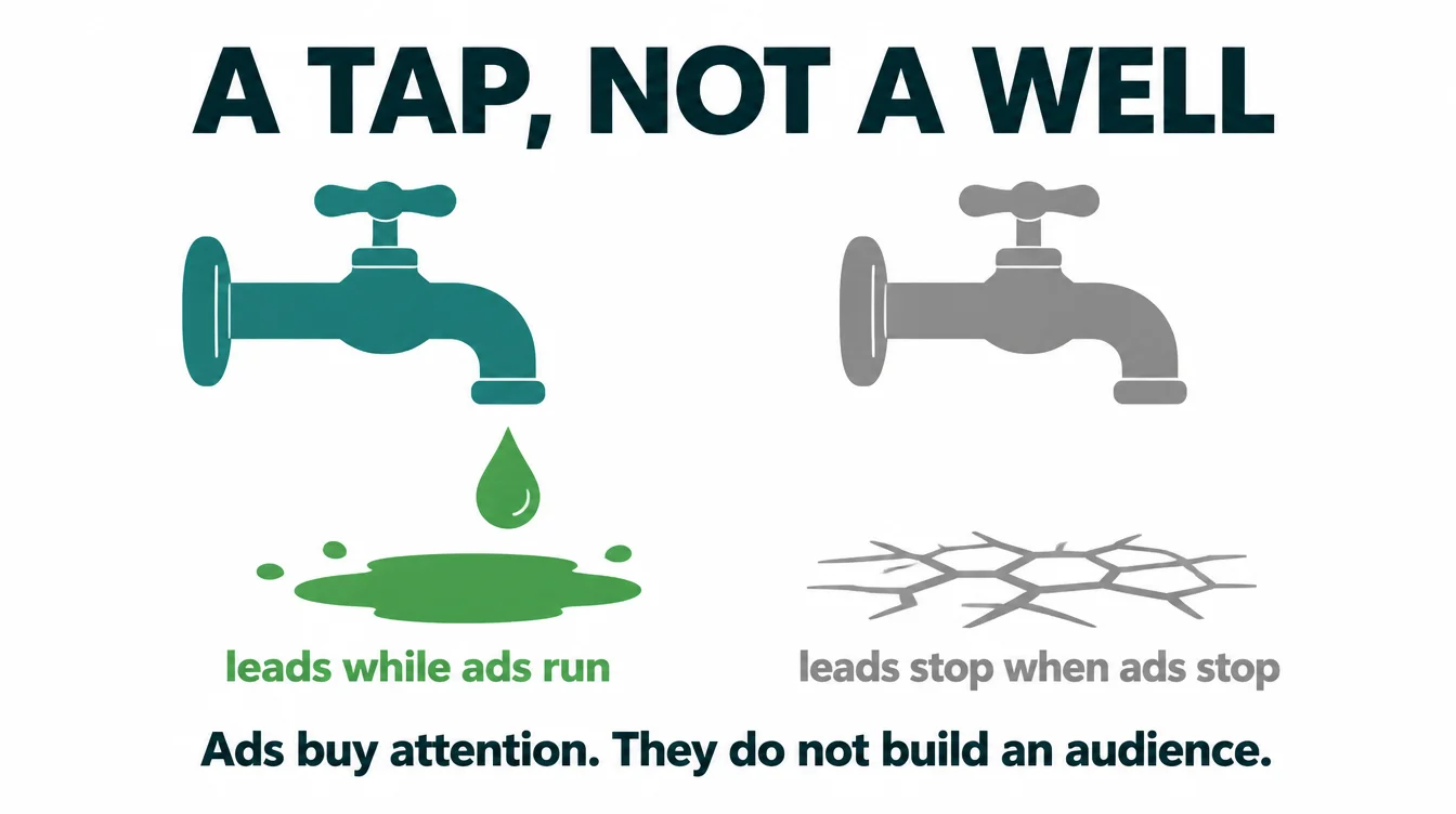 Infographic of an open tap dripping leads while ads run next to a closed tap where leads stop when ads stop.