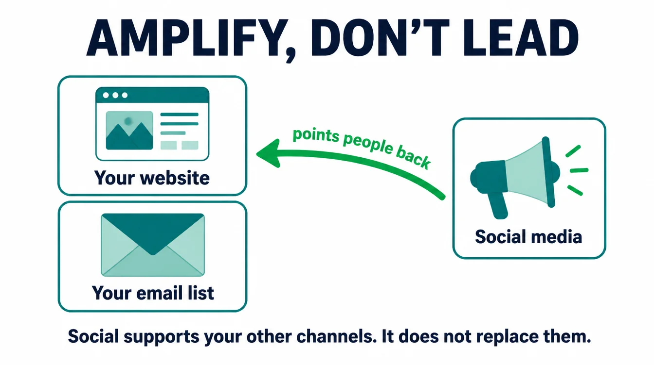 Diagram showing social media as an amplifier pointing people back to your website and your email list, the channels you own.