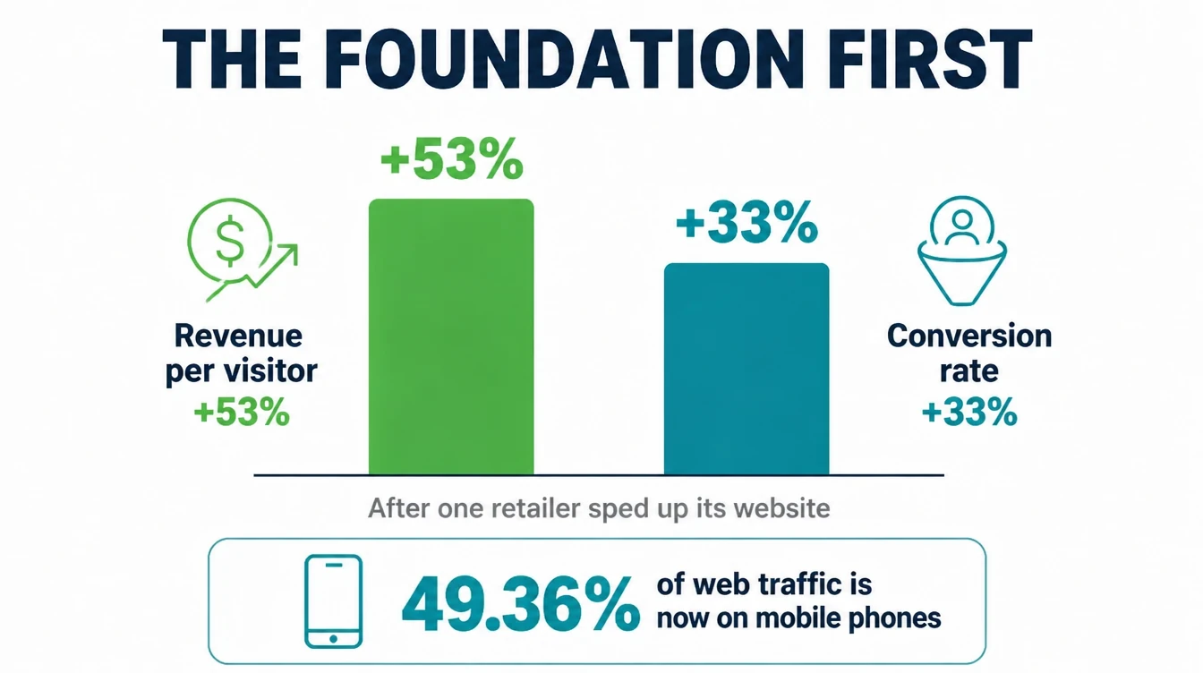 Infographic stating 49.36% of web traffic is now on mobile phones, with Core Web Vitals gains of 33.13% and 53.37%.