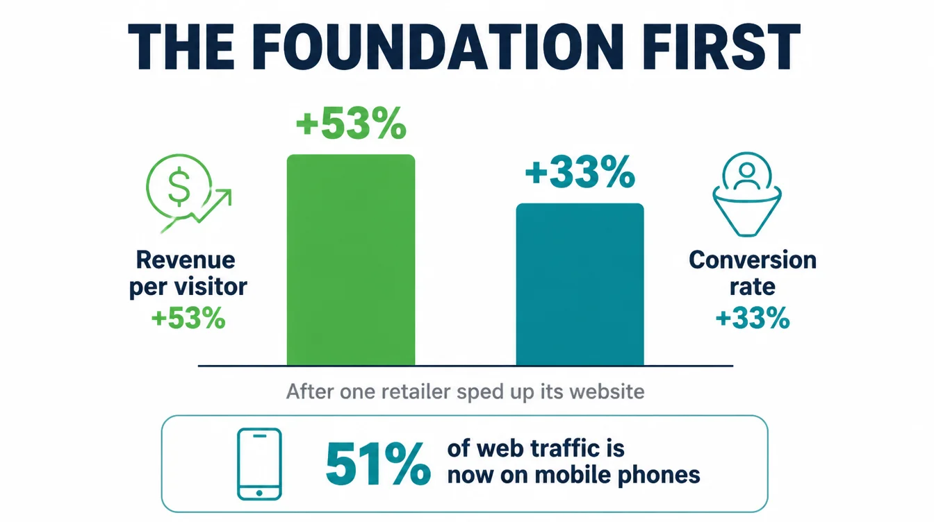Infographic showing a 53 percent lift in revenue per visitor and a 33 percent lift in conversion rate after a retailer