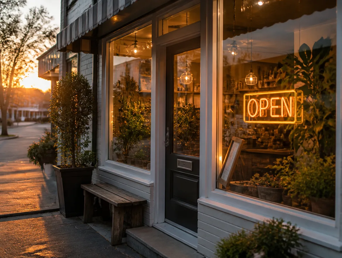 A clean small shopfront at golden hour with a lit open sign in the window.