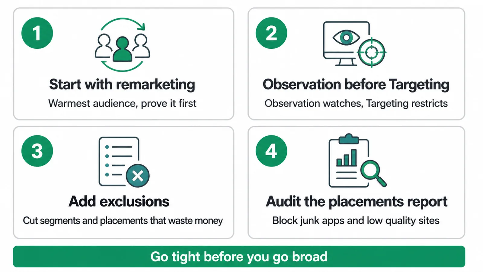Four habits that stop display ads wasting budget, shown as numbered cards.