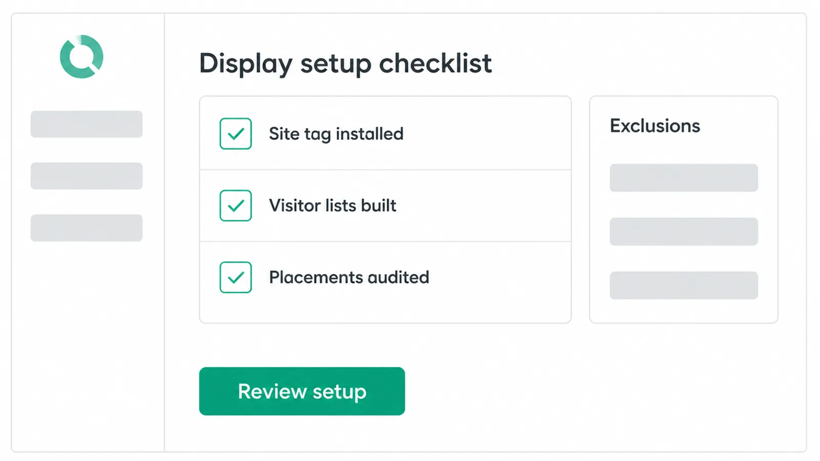 Simple setup panel showing the site tag installed, visitor lists built and placements audited.