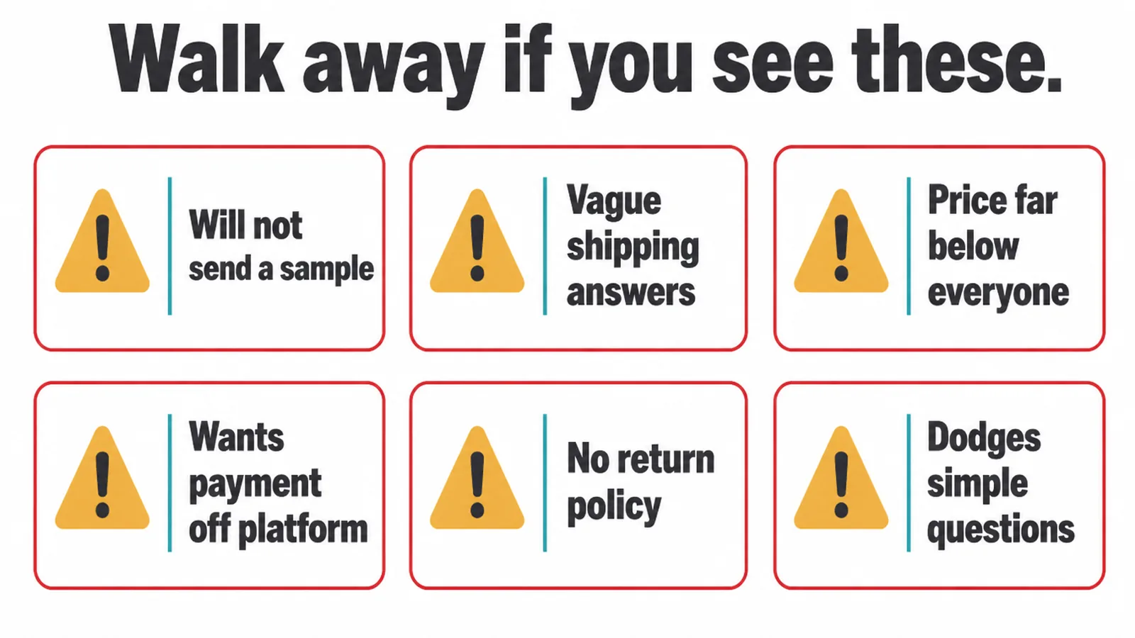 Six supplier warning signs, from refusing a sample to pushing payment off the platform.