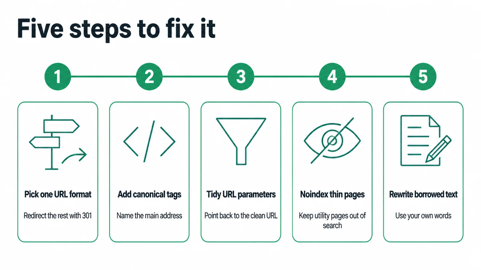 Five step flow to fix duplicate content, from picking one URL format to rewriting borrowed text.