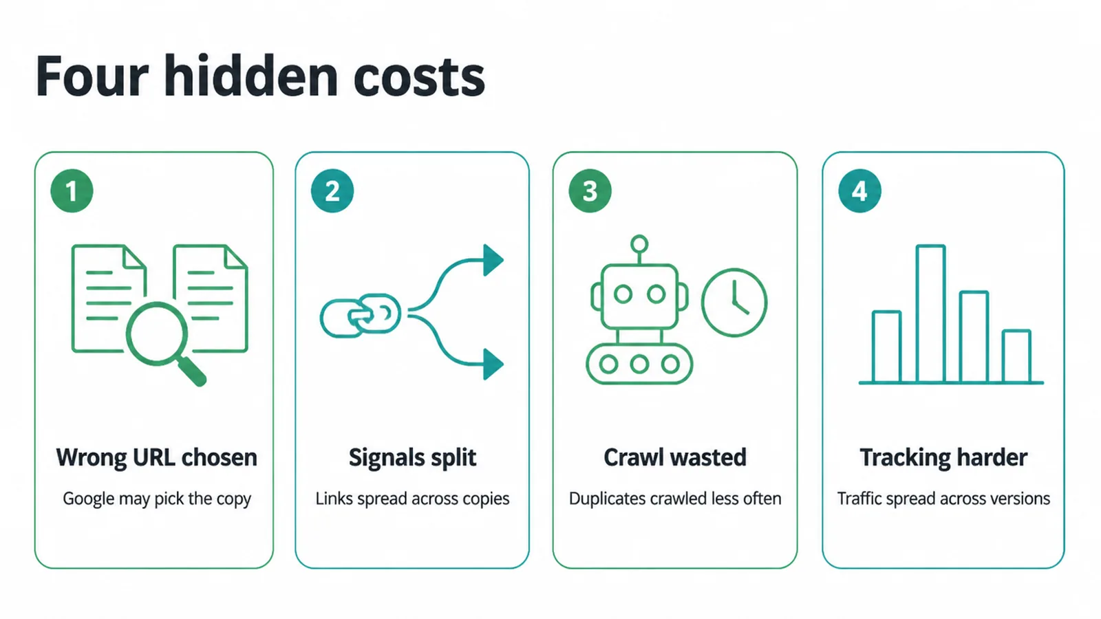 Four cards showing the costs of duplicate content