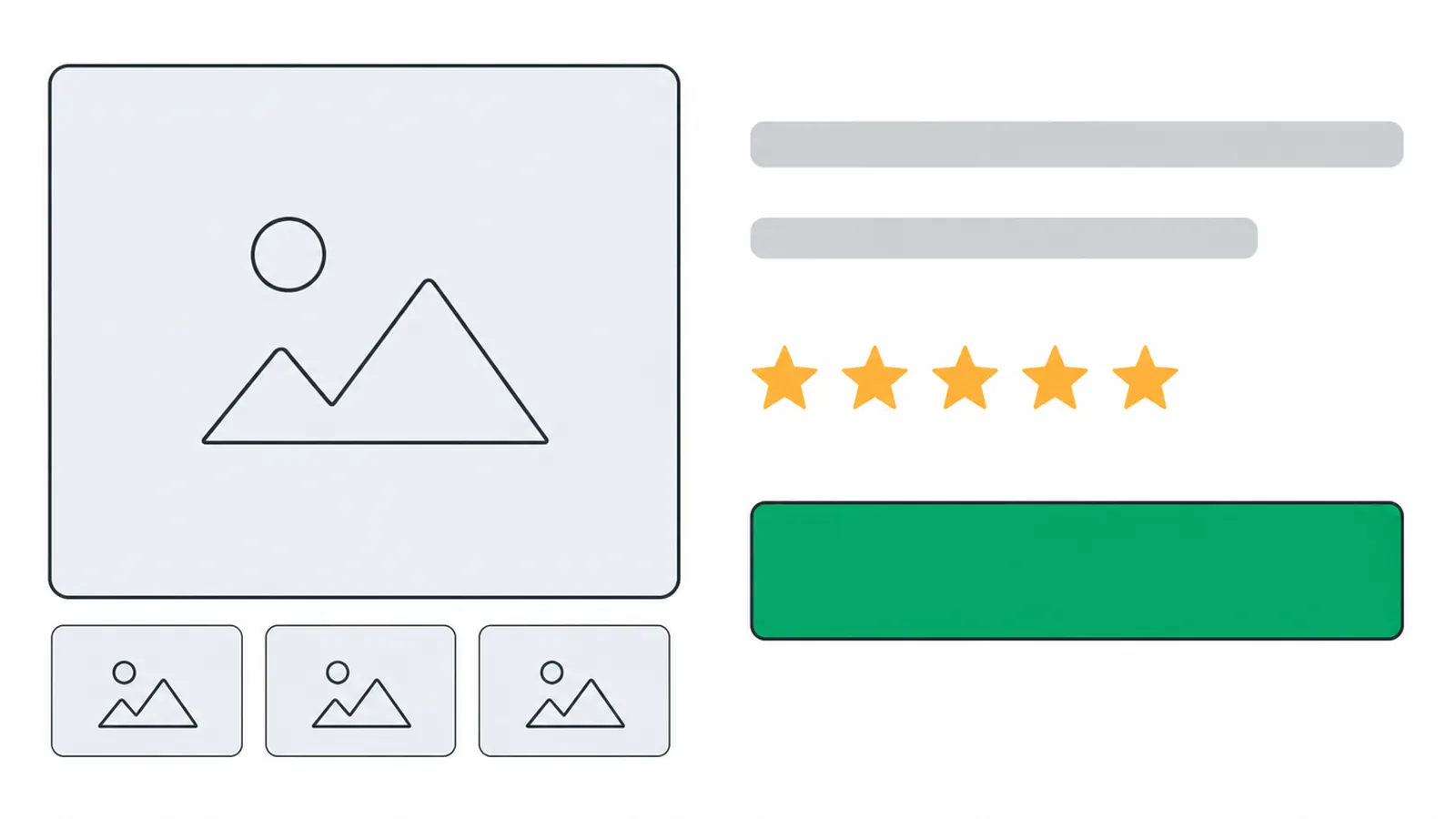 Product page mockup with image gallery, reviews and one clear buy button