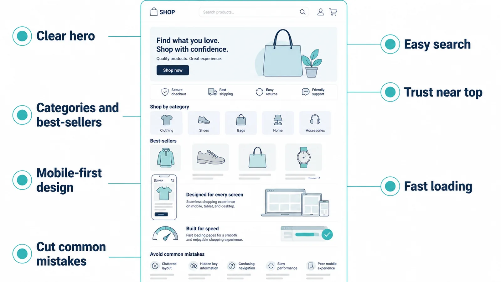 An ecommerce homepage wireframe with numbered markers labelling clear hero, easy search, categories and best-sellers, trust near top, mobile-first design, fast loading and cut common mistakes