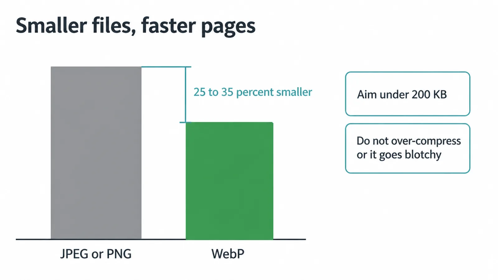 Bar chart showing WebP files are 25 to 35 percent smaller than JPEG or PNG, with a 200 KB target.