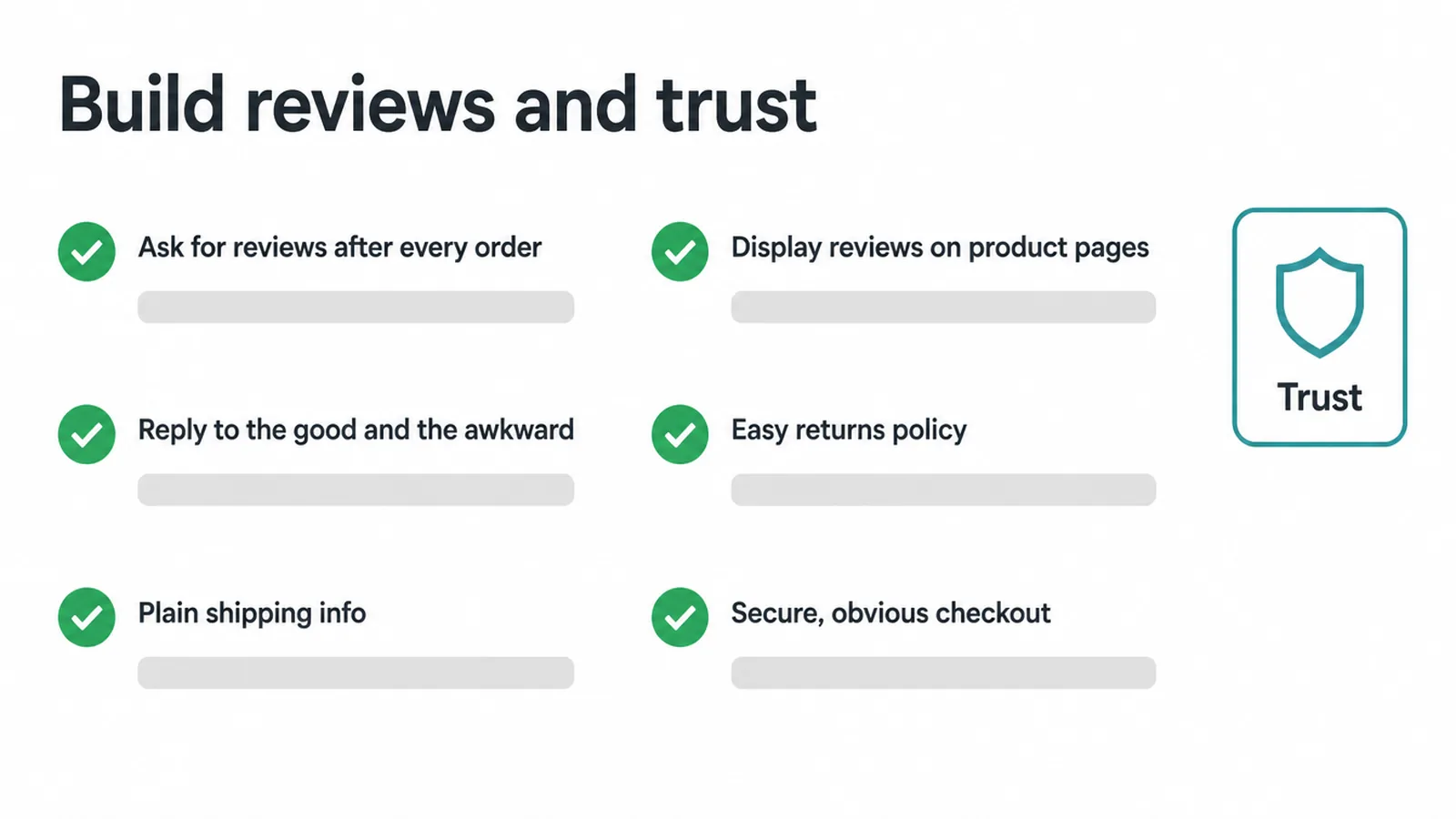 Checklist of six review and trust jobs, from asking for reviews to a secure, obvious checkout.