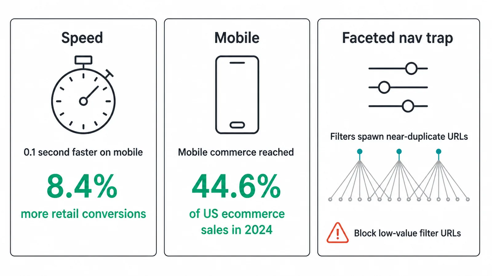 Three panels covering store speed, mobile share of sales, and the faceted navigation trap.