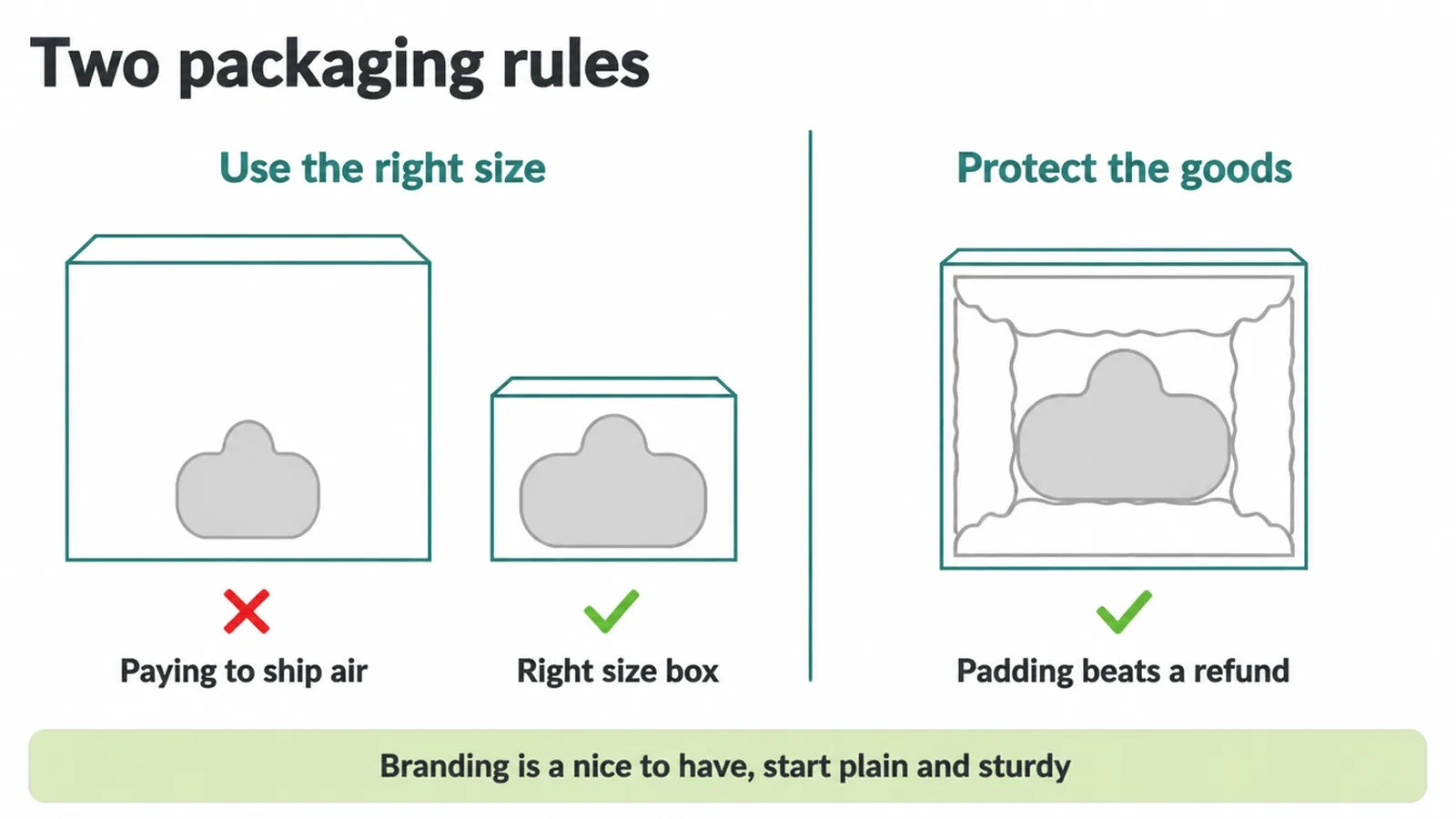 Two packaging rules: use the right size box and pad the goods properly