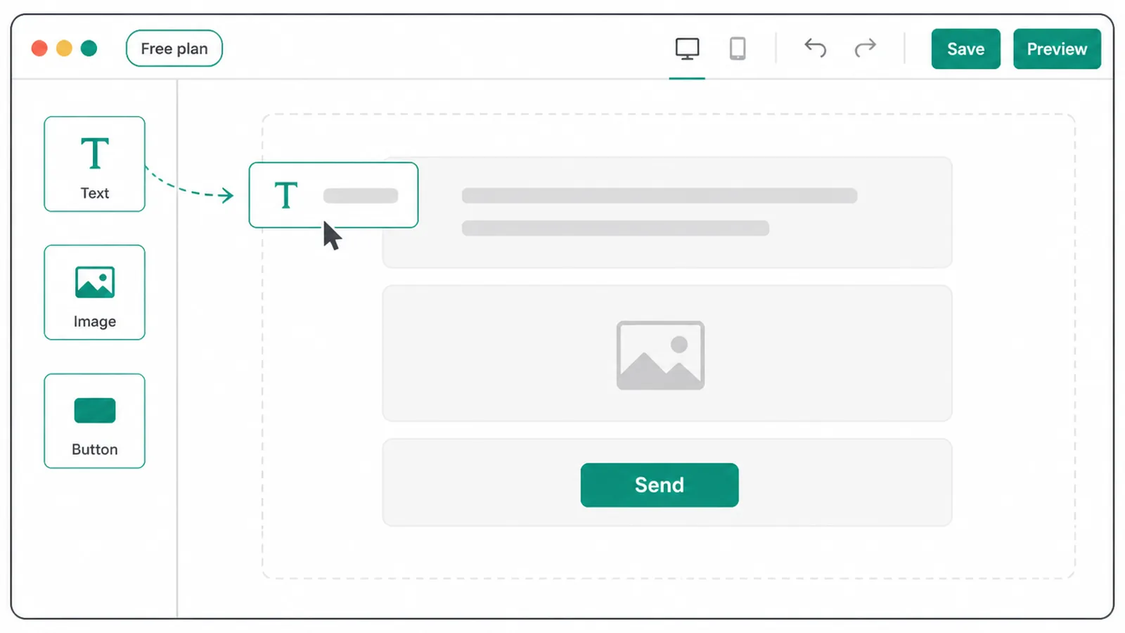 A free email builder screen with drag-and-drop blocks for text, image, and a send button